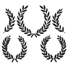 Collection of black laurel wreaths and branches on a white background