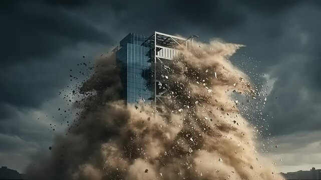 Building demolition with debris and dramatic clouds