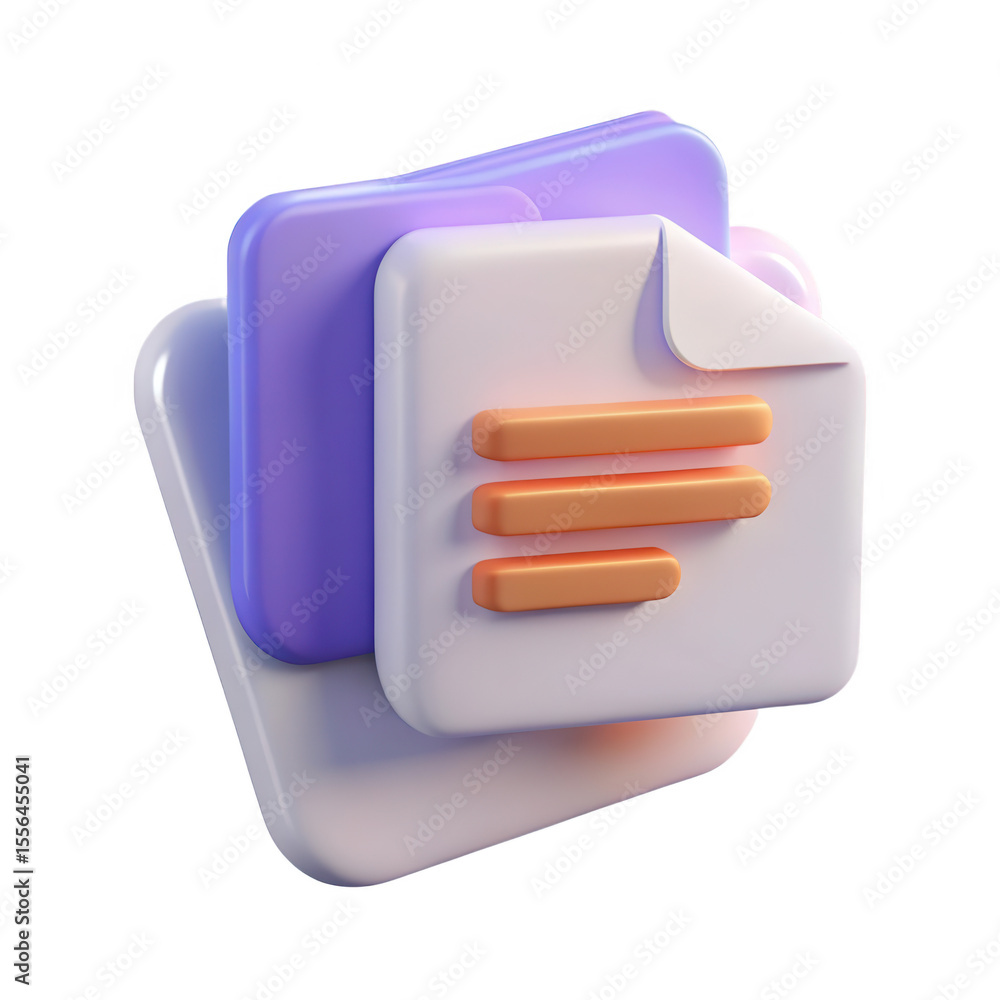 Poster three dimensional abstract document icons with purple and white pages and orange text lines isolated