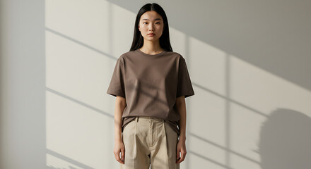 Fototapeta premium Woman in Brown T-Shirt and Beige Pants, Minimalist Fashion Portrait