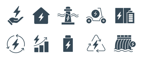 Renewable Energy and Power Generation Glyph Icons Set - Sustainable Electricity and Eco-Friendly Vector Icons