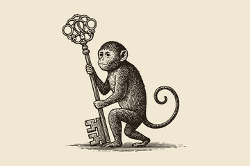 Monkey with antique key engraving style vector illustration © Victoria