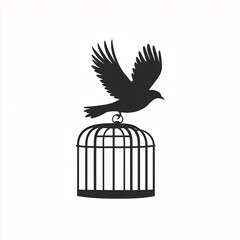 A symbolic silhouette of a bird flying away from an open cage, representing freedom, escape, and independence on a white background..