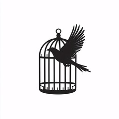 A symbolic silhouette of a bird flying away from an open cage, representing freedom, escape, and independence on a white background..
