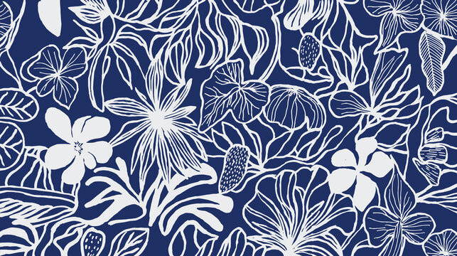 A hand drawn floral and botanical pattern in white on a deep blue background, featuring various flowers, leaves, and abstract natural elements for textile, carpet, decoration
