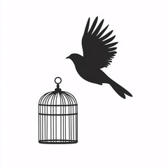 A symbolic silhouette of a bird flying away from an open cage, representing freedom, escape, and independence on a white background..
