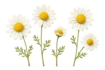 Obraz premium Chamomile flowers with soft white petals and golden centers standing upright, isolated on transparent backdrop, botanical closeup