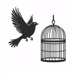 A symbolic silhouette of a bird flying away from an open cage, representing freedom, escape, and independence on a white background..