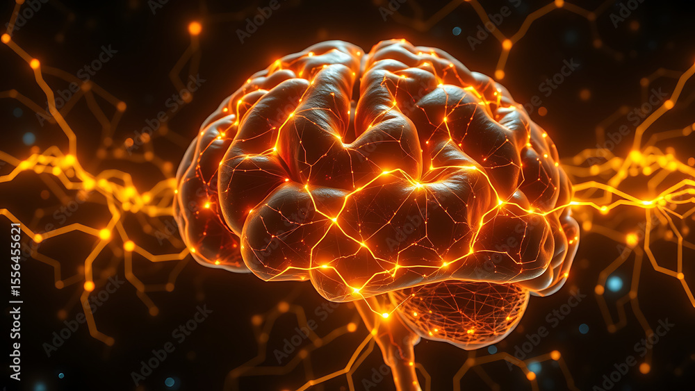 Poster glowing brain neural network concept - futuristic mind connection visualization for science educatio