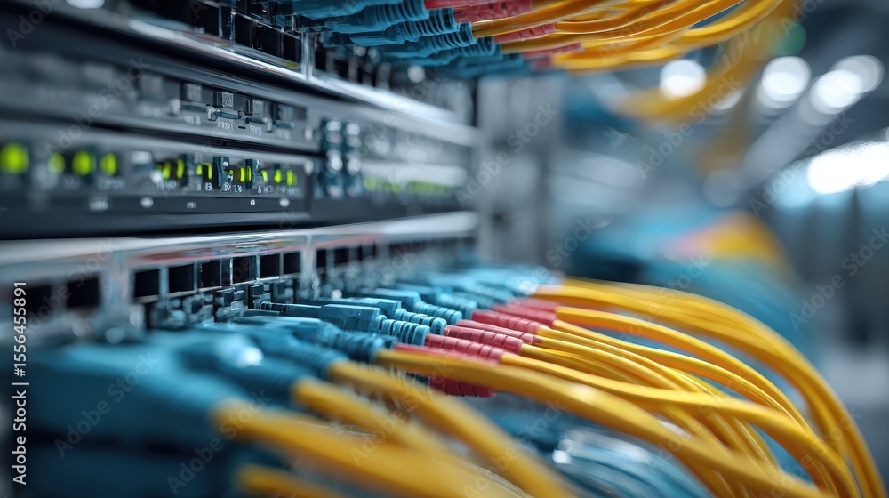 Poster close-up of network cables connected to a server in a data center, showcasing the intricate connecti