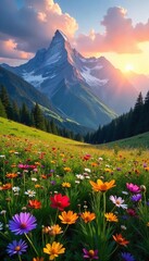 Majestic Sunrise Panorama Wildflower Meadow nestled in Breathtaking Mountain Range