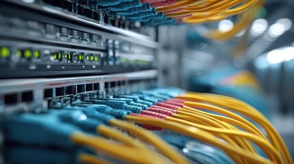 Close-up of network cables connected to a server in a data center, showcasing the intricate connections and technology infrastructure.