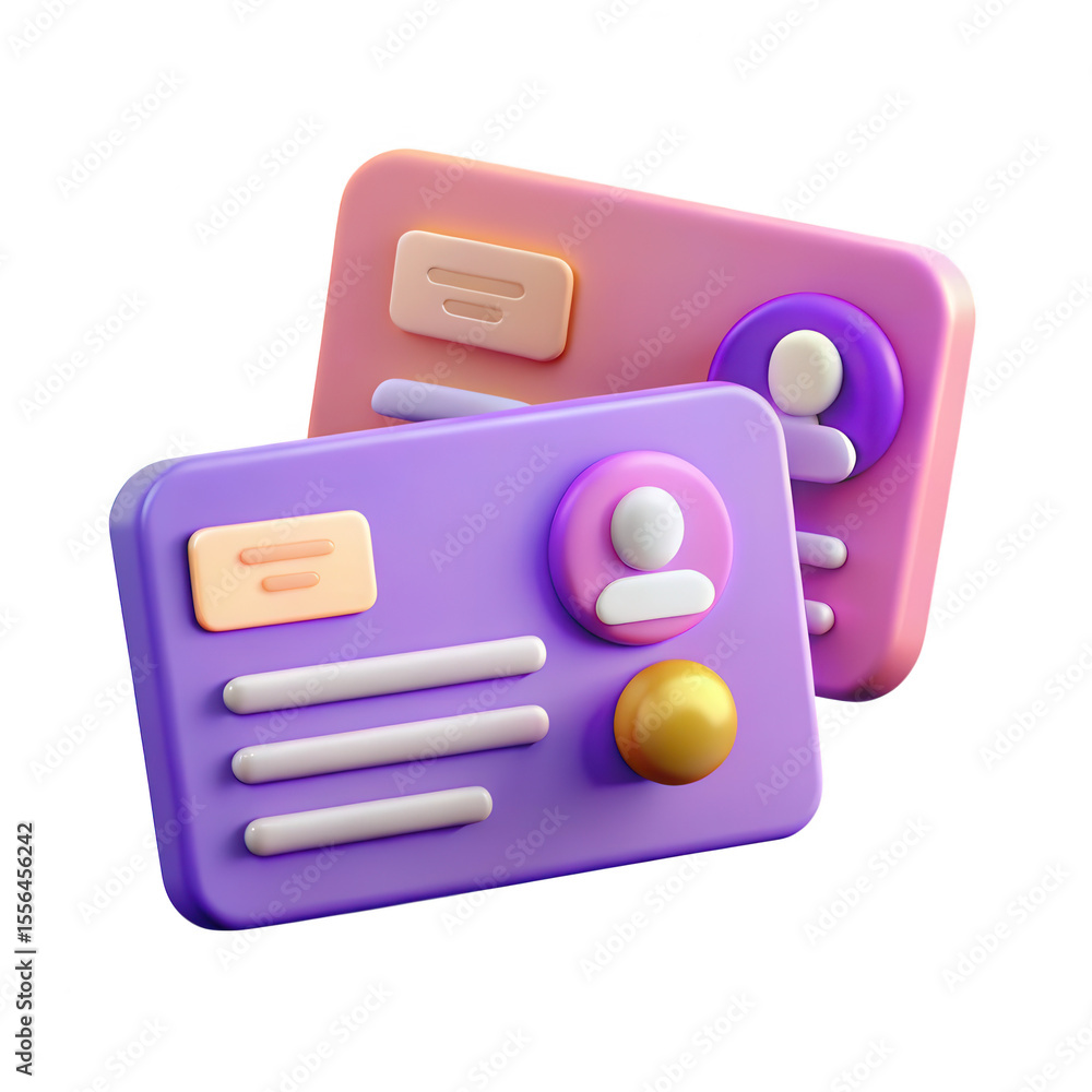 Poster stylized 3d illustration of two identification cards with user icons and text lines isolated on tran