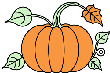 Cute Cartoon Pumpkin with Leaves Illustration- Festive Autumn and Halloween Imagery- Ideal for Kids Projects and Seasonal Designs- Orange Pumpkin Clipart Graphics