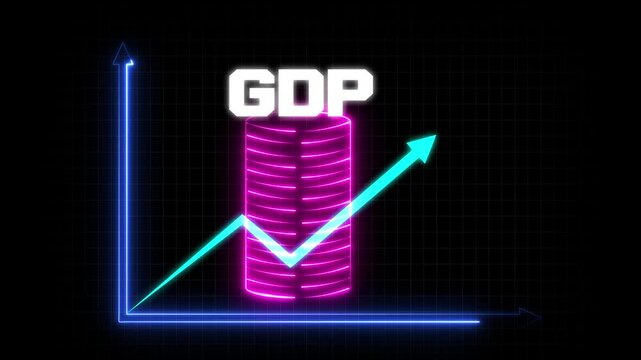 Neon GDP Growth Animation, Coin-Based GDP Graph, Domestic Financial Charts, National Budgets, Global Economy, Up Arrow GDP Sign, glowing saber effect on Black Background