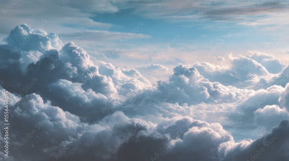 Poster a serene and tranquil cloudscape with subtle interplay between light and shadow, creating a peaceful