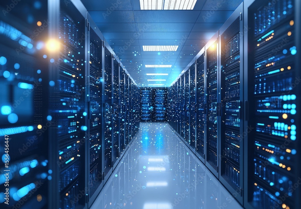Aufkleber advanced data center with glowing blue server lights and digital particles in a futuristic corridor,