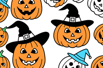 Cute Halloween Pumpkin Pattern- Festive Orange Jack-o-Lanterns with Witch Hats- Spooky Season Background- Holiday Vector Illustration- Perfect for Halloween Projects