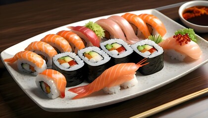 Plate of sushi rolls with chopsticks resting on a table, presenting traditional Japanese meal in a balanced and elegant style