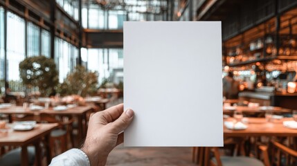 Hand holding a blank paper poster design for a restaurant, Mock up for a poster design displaying menu or design in a restaurant