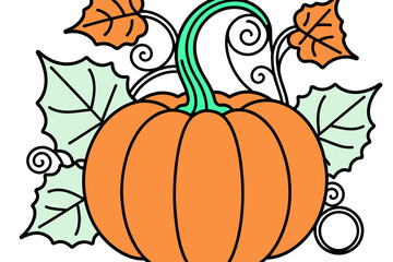 Naklejka premium Cute Pumpkin Illustration-Fall Harvest Decor-Festive Autumn Graphic-Cheerful Halloween Design-Vibrant Orange Pumpkin with Green Stem and Curly Vines-Seasonal Art