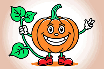 Cute Pumpkin Character Illustration-Smiling Cartoon Pumpkin with Leaves and Shoes-Fun Halloween and Autumn Design for Kids and Festive Decorations
