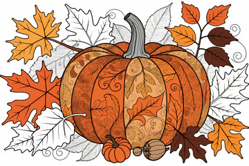 Fall Pumpkin Art with Intricate Leaf Designs-Perfect for Autumn Decor and Thanksgiving Celebrations-Festive Harvest Season Image with Detailed Pumpkin Pattern-Ideal for Creative Projects