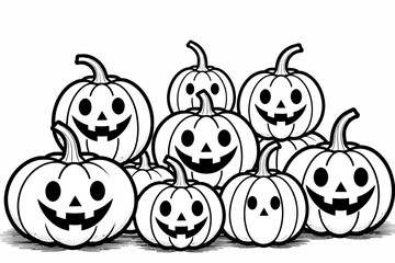 Obraz premium Halloween Pumpkin Patch Coloring Page- Festive Jack-o'-Lanterns for Kids- Printable Halloween Activity- Spooky Season Fun- Black and White Pumpkin Designs