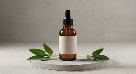 Amber Dropper Bottle Mockup with Customizable Label on Stone Surface with Sage Leaves