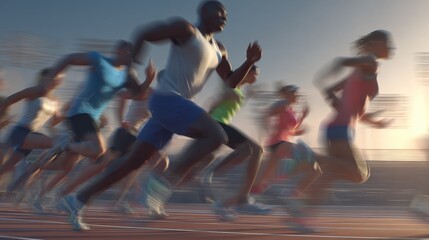 Energetic Group Racewalking on Local Track with Coach Guidance and Encouragement