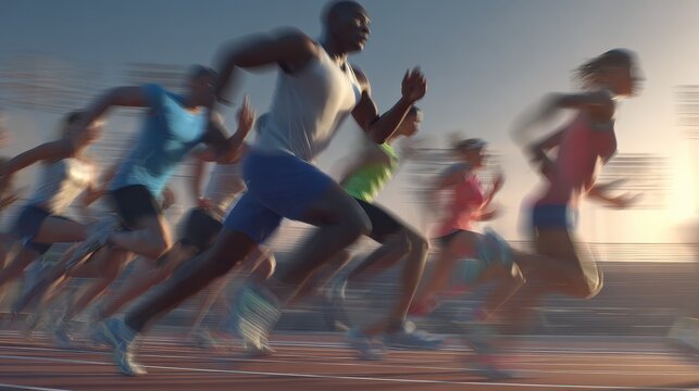 Energetic Group Racewalking on Local Track with Coach Guidance and Encouragement