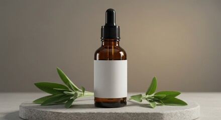 Amber Dropper Bottle Mockup with Customizable Label on Stone Surface with Sage Leaves