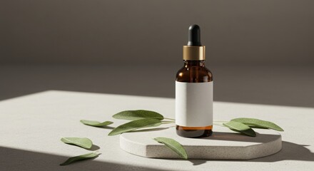 Amber Dropper Bottle Mockup with Customizable Label on Stone Surface with Sage Leaves