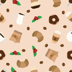 Coffee shop seamless pattern. Endless background, texture design with latte, cappuccino, donut and croissant.