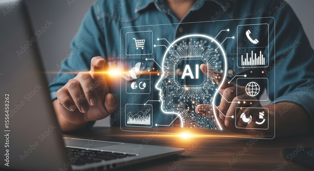 Aufkleber Man interacting with ai interface on screen with laptop displaying digital head and icons around it