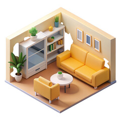 Cozy isometric living room with yellow sofa armchair coffee table and bookshelf isolated on transparent background
