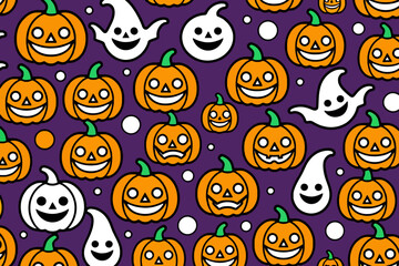 Halloween Themed Pattern with Pumpkins and Ghosts on a Purple Background - Festive Wallpaper Design for Spooky Season - Cute Cartoon Halloween Illustration