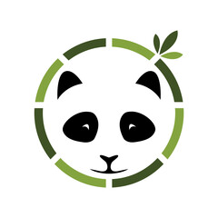 Stylized minimalist panda face surrounded by a green circular frame with a bamboo leaf accent symbolizing ecology and nature. Ideal for logo, icon logo, logo brand etc.