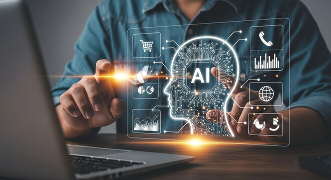 Man interacting with ai interface on screen with laptop displaying digital head and icons around it