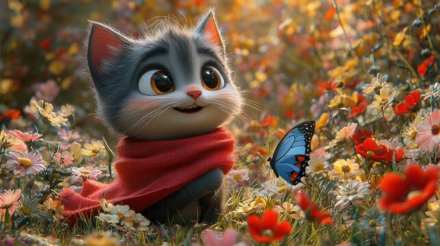 Cute cartoon cat in a field of flowers.