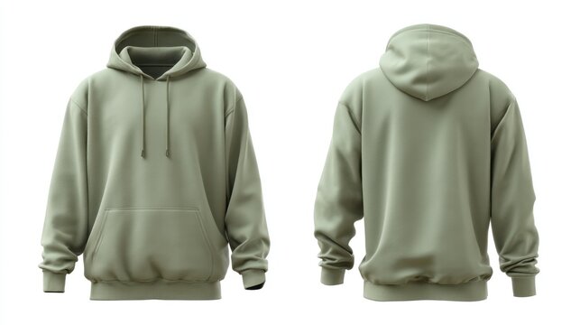 Soft fleece hoodie in sage green, clean symmetrical presentation, white background, ideal for digital use