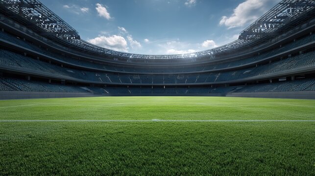 An empty soccer stadium with green grass, suitable for sports events - Powered by Adobe