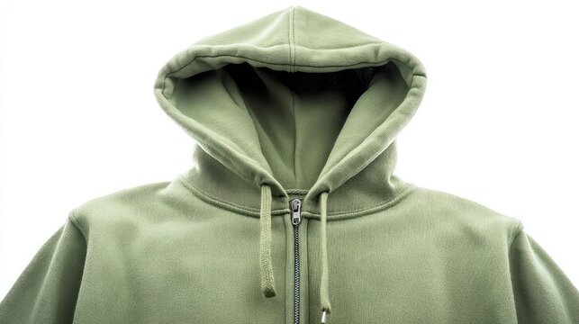 Soft fleece hoodie in sage green, clean symmetrical presentation, white background, ideal for digital use