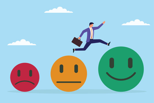 Vector illustration of a businessman leaping from a small sad icon to a large happy icon, symbolizing how customer feedback drives positive transformation and business improvement
