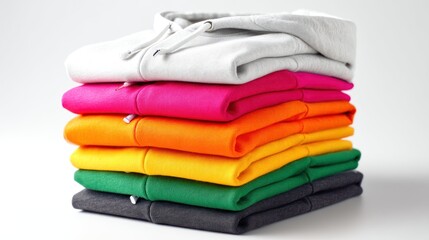 Stacked hoodies in multiple colors (folded), on white background, fashion product layout