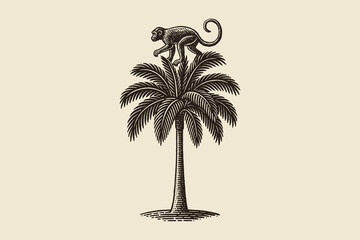 Monkey on palm tree engraving style vintage vector illustration © Victoria
