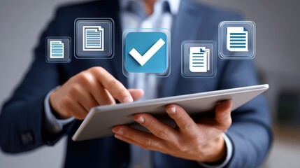 Business Professional Checking Documents on Tablet with Digital Approval Interface and Checkmark