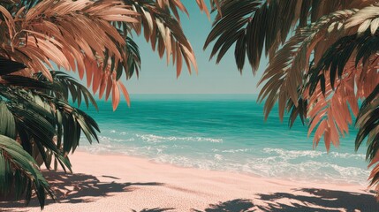 Fototapeta premium The leaves of palm trees on Sunny tropical beach. Summer vacation and tropical beach background concept : Generative AI