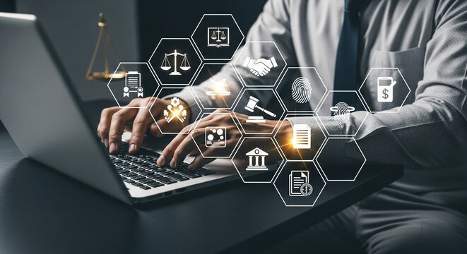 Person typing on laptop with legal icons overlayed representing law and justice services online access