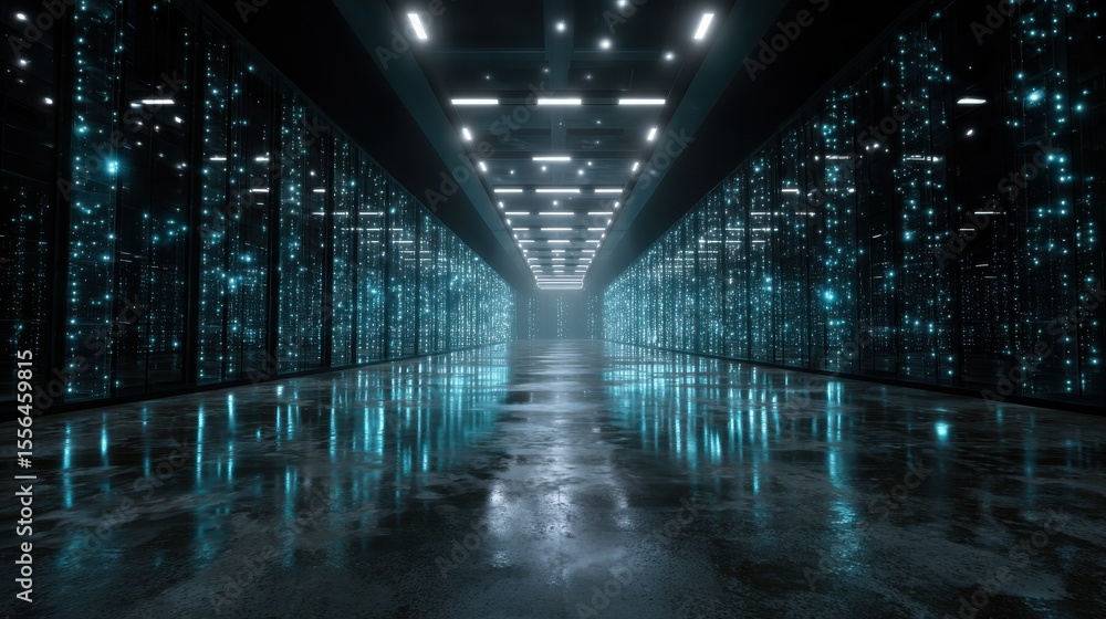 Poster data fortress: a long, modern server room with rows of blinking lights, representing the heart of di
